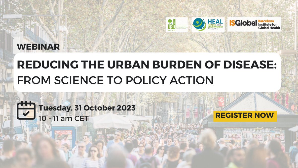 📆 31 October = #WorldCitiesDay!

🩺 People’s health in cities is affected by air pollution, noise, lack of green space, climate change & inequalities. 

👩‍💻 Join the #UBDPolicy webinar to discuss these health threats & what to do about them.

Register now: tinyurl.com/394jtehk