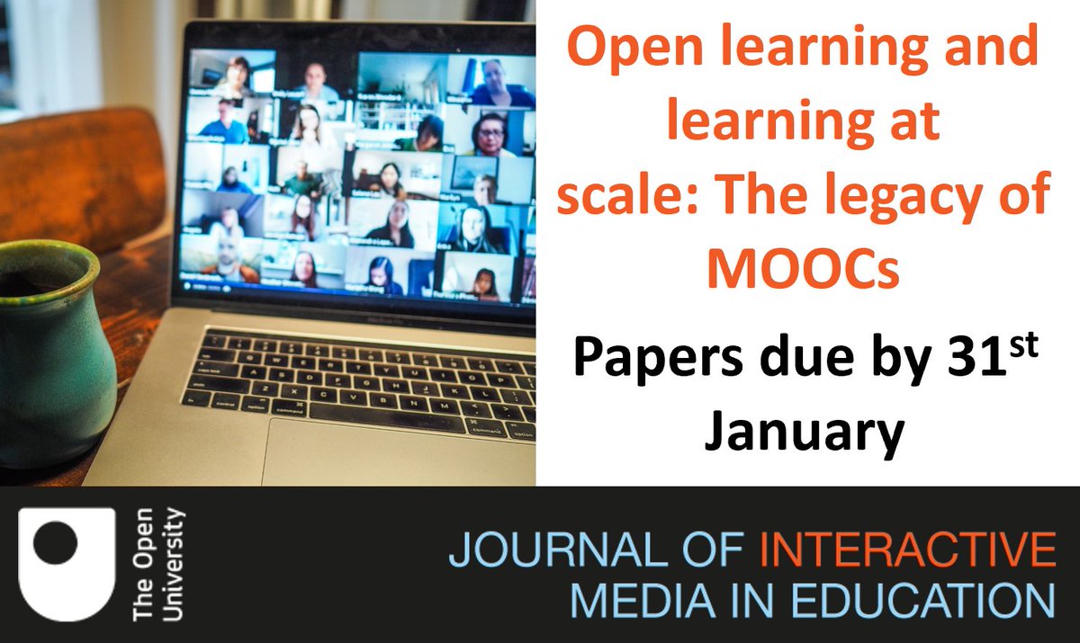 JIME_journal's tweet photo. 📢Call for papers!📢 Special collection of JIME journal on 'Open learning and learning at scale: The legacy of MOOCs' - deadline *31st January 2024*. Full call details: https://t.co/ALdOQ4Mx7c 
Edited by @R3beccaF @es5 @GFereshte @bronswinnerton @mattcornock https://t.co/648xvEbar2