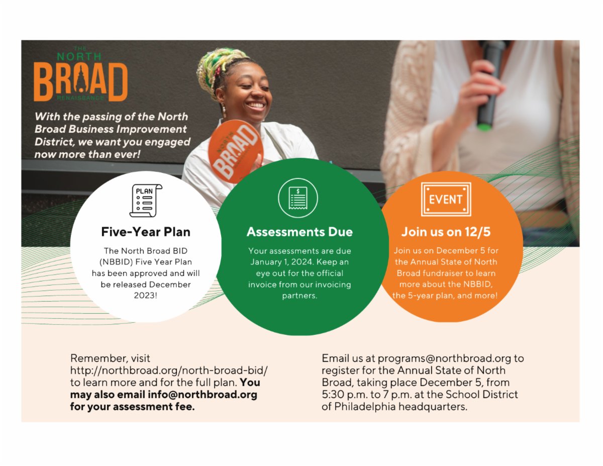 Looking to learn more about the NBBID Five-Year Plan? Join us on Tuesday, December 5, 2023 for The Annual State of North Broad!

#ThinkBroad