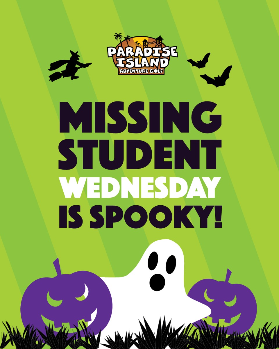 PiagCOaks's tweet photo. Remember - students play 2 courses (36 holes) for £8.50 on Wednesdays between 12 and 6pm at Paradise Island Adventure Golf. Missing out will haunt you! 👻 https://t.co/xdx3r3mJrc