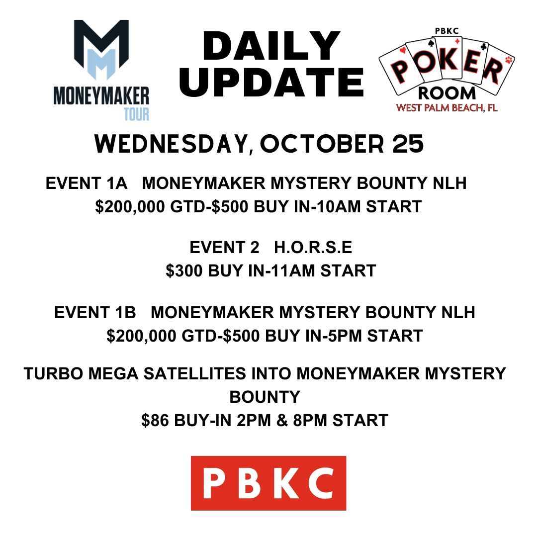 Moneymaker Tour at PBKC! 

Click for structure sheets buff.ly/3PZ1I55

#poker #pokertournament #moneymakertour #westpalmbeach

<a href="/pokernews/">PokerNews</a> <a href="/pokeratlas/">PokerAtlas</a> <a href="/pokerorg/">Poker Org</a>