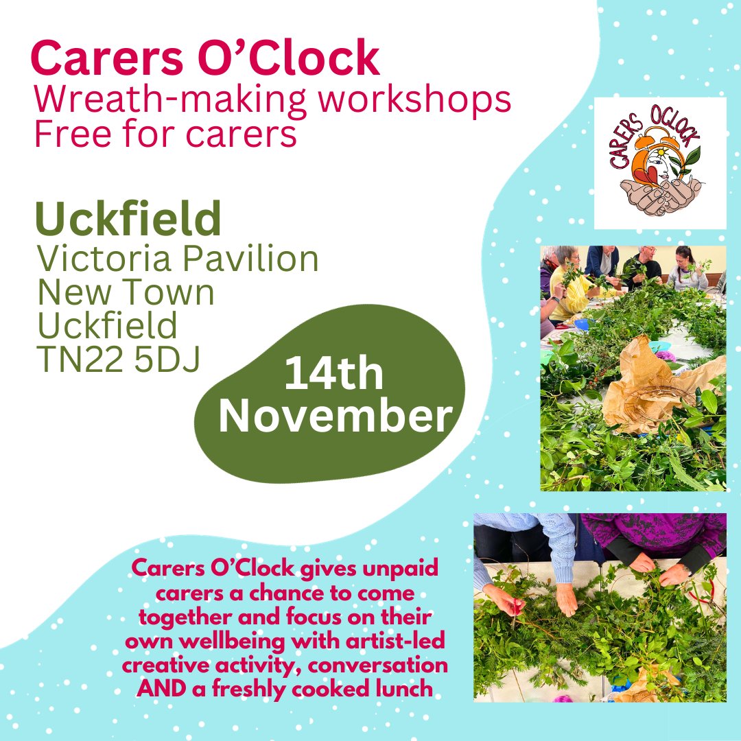 All carers are welcome for Wreath-Making at Carers O'Clock this November in Uckfield on Tuesday 14th November

The workshop is FREE &amp; all material will be provided as well as a freshly cooked lunch and refreshments

Carersoclock-Uckfield.eventbrite.co.uk

#Carers #Uckfield #Wealden #EastSussex