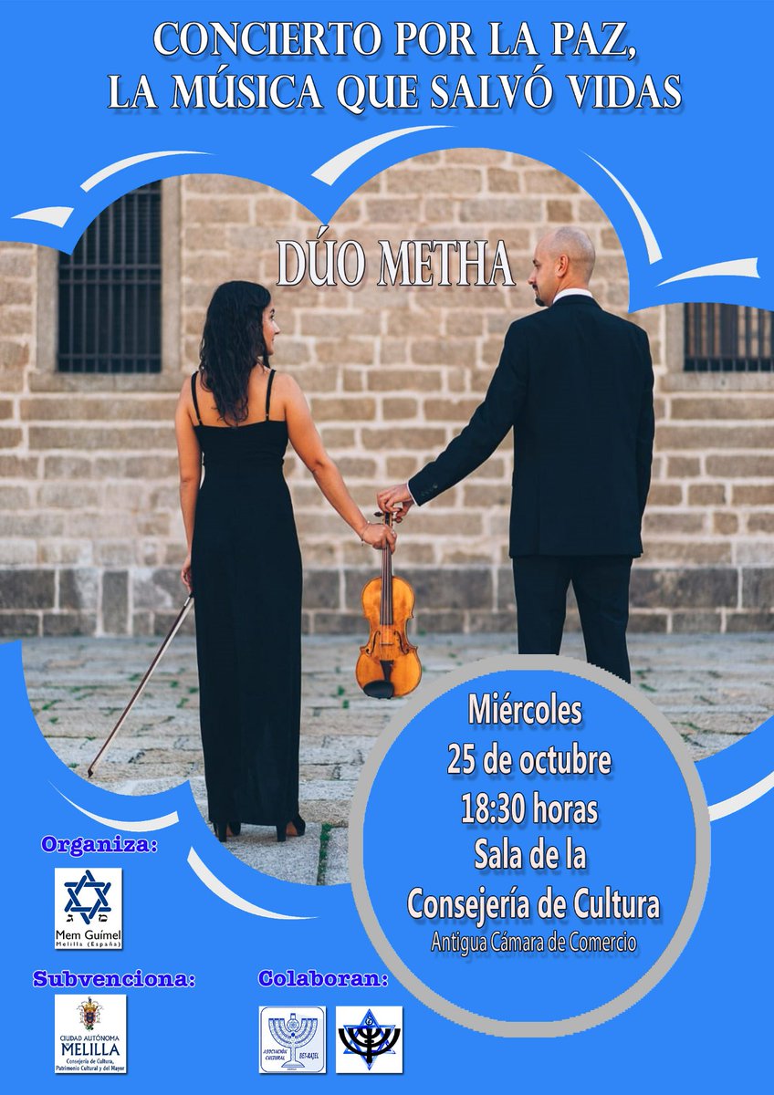 El  Dúo Metha ofrecerá esta tarde el ‘Concierto por la paz, la música que  salvó vidas’ a partir de las 18.30 horas en el salón de actos la  Consejería de <a href="/cultura_melilla/">Cultura Melilla</a>. Se trata de una actividad organizada por la  asociación Mem Guímel.