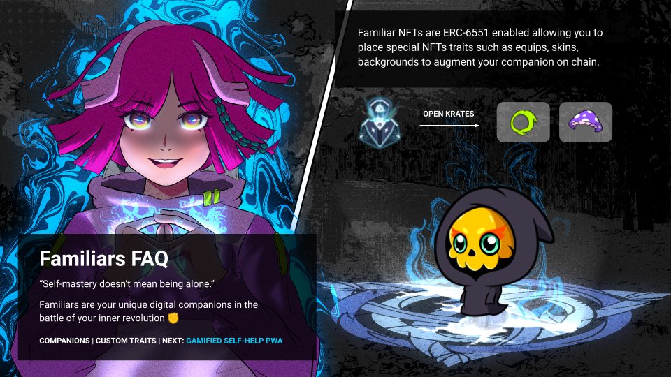 Kusho_World's tweet photo. Everything you need to know TODAY about the @FamiliarsWrld free mint collection 🌌
- Free Mint Core Familiars
- Open Krates for traits to customize your Core Familiar
- Collect, Match, Customize your Familiar companion to your unique taste
🧵 https://t.co/FxKWYvumoB