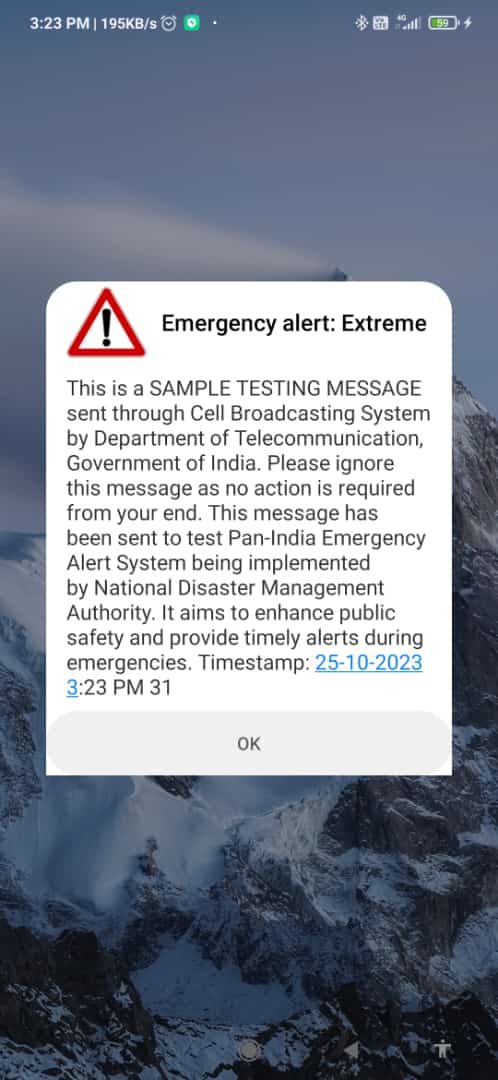 SatyamKnight's tweet photo. This is a sample testing message sent through Cell Broadcasting System by Department of Telecommunication, Government of India. Please ignore this message as no action is required from your end. This message has been sent to test Pan-India Emergency Alert System. #emergencyalert https://t.co/Knql9dxJKS