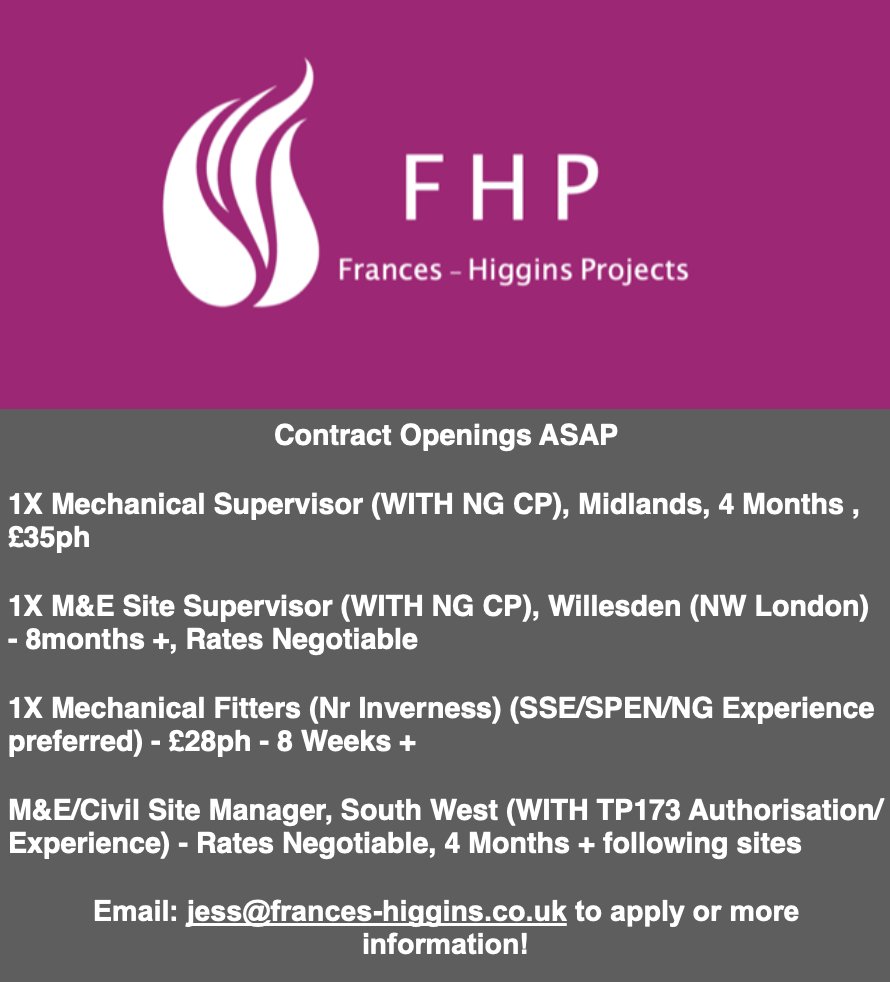FrancesLtd's tweet photo. Current contract openings with FHP, all starting ASAP! Please email Jess for further information! Thank you #hv #substation #work #nationalgrid#sitemanager #supervisor #mechanical #contractor https://t.co/kIXO1u3eIl