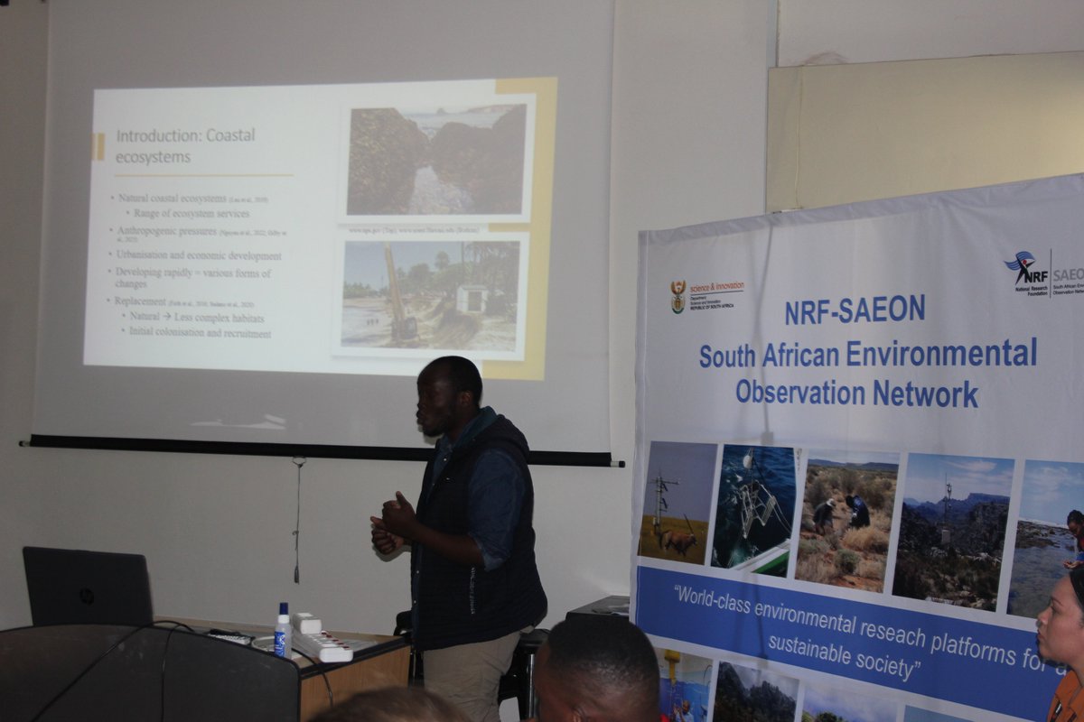 Jabulani Ndaba sharing his research work that looked at early-stage food-web dynamics, chemical and microbial composition: anthropogenic footprint along
the southeast coast of Eastern Cape. 

#GSNIndibano2023