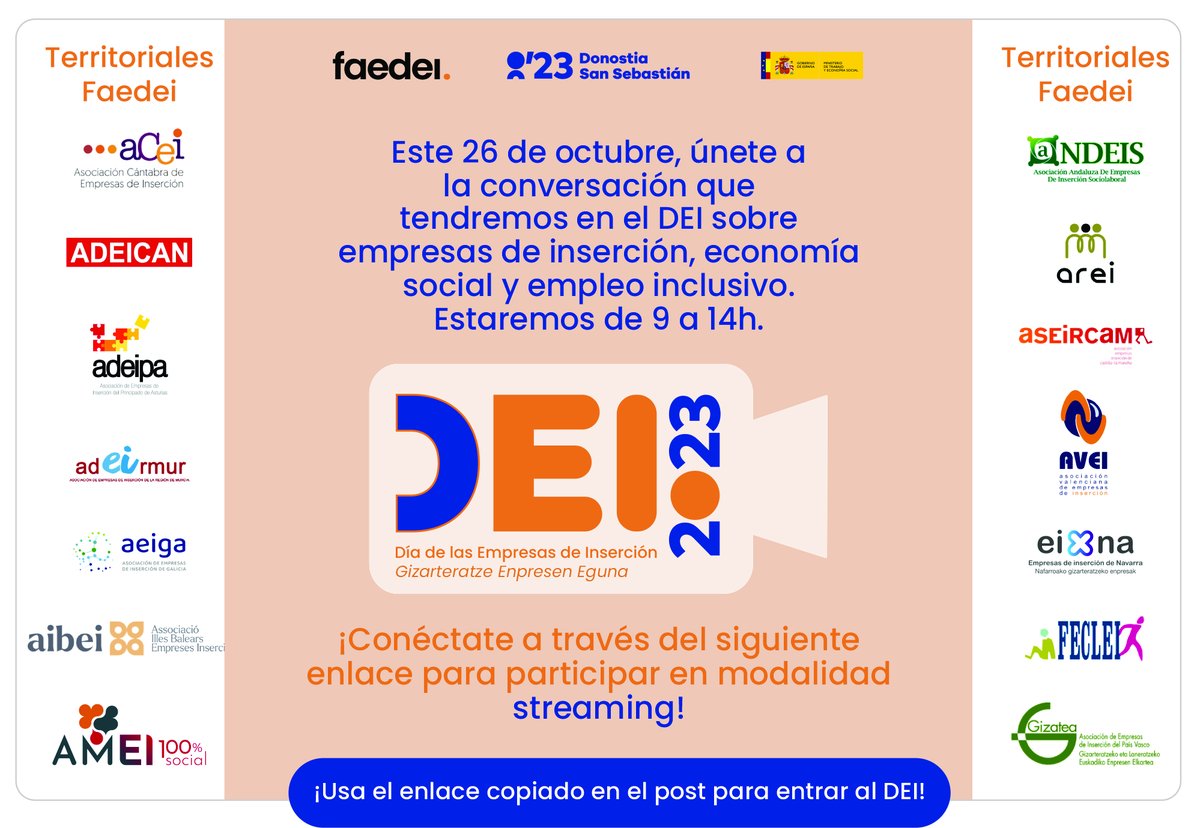 faedei's tweet photo. Únete a la conversación que tendremos sobre empresas de inserción, economía social y empleo inclusivo, este 26 de octubre de 9 a 14h. Tod@s estáis invitad@s. https://t.co/1iv0a83Ldw
#EconomíaSocial #cepes #gizatea #faedei #adeican #Ministeriodeeconomia #fecle #arei #aseircam https://t.co/ukWWVEHuN4