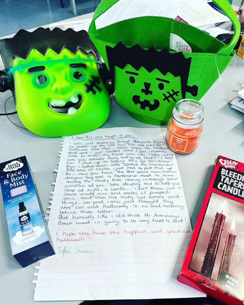 fpverner's tweet photo. An unexpected but hilarious and thoughtful gift from an A level students today. Teaching has its ups and downs but I’m lucky to work with lovely young people. (not sure I should feel complimented by ‘I saw this and thought of you’ linked to a Frankenstein mask 😷😂)#teacherlife https://t.co/CRFt9Cz2tl