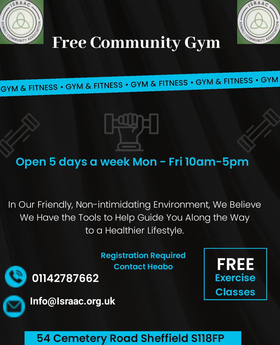 IsraacS's tweet photo. ๐๏ธโโ๏ธ Join us at the ISRAAC Community Gym! ๐ช We're open 5 days a week and ready to help you reach your fitness goals. Come break a sweat with us! #FitnessGoals #CommunityGym #ISRAACCenter #Sheffieldisuper https://t.co/FJ4laHNfdd