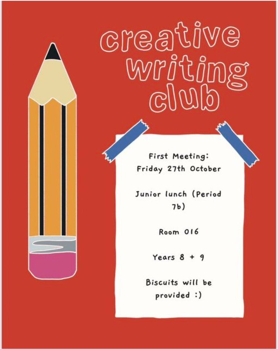 AgsLeaders's tweet photo. Announcement: Creative Writing Club begins on Friday 27th October! For current or aspiring writers @assumptionlive @AGS_English https://t.co/JPkN2bAO8c