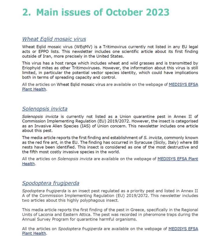 Plants_EFSA's tweet photo. The #PlantHealth Newsletter on #HorizonScanning for October 2023 is #AvailableNow! With the results of scientific and media sources retrieved by the #Medisys platform for 1-30 September.
🐛🐜🌽🌳

➡️https://t.co/h5rwb1ZL0f
👁️
#Spodoptera #Solenopsis https://t.co/wbizPZLZ1q