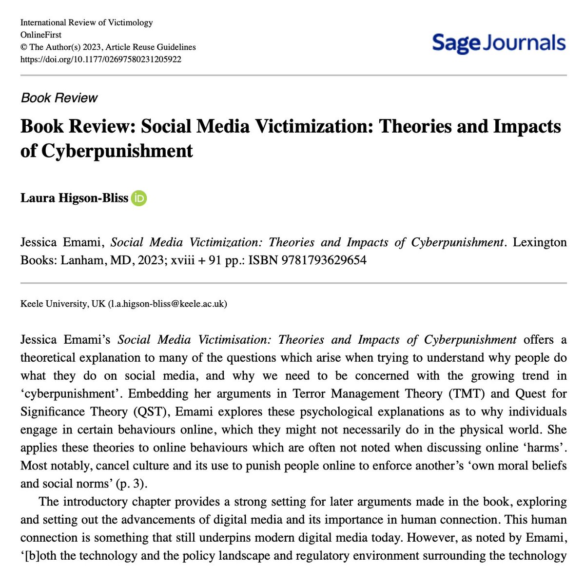 🔥 Hot off the Press 🔥 My Book Review on Jessica Emami’s Social Media Victimization: Theories and Impacts of Cyberpunishment is now available online! #AcademicTwitter #AcademicChatter