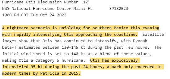 JordanSteele's tweet photo. Many Meteorologists waking up this morning eager to hear how the folks in Acapulco did with this record hurricane. Seeing a 165 MPH hurricane, after models kept it as a TS is the 'nightmare' situation @NHC_Atlantic @NHC_Pacific are talking about. https://t.co/yyPDG3skrT
