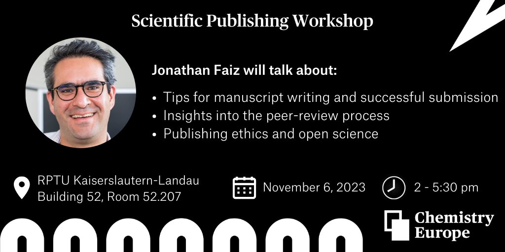 📢 Scientific Publishing Workshop in Kaiserslautern! Join our editor Jonathan Faiz (@AnalysisSensing, @ChemPlusChem) on Nov 6 at 2 p.m. to learn all about the scientific publishing process. He's looking forward to seeing you there!