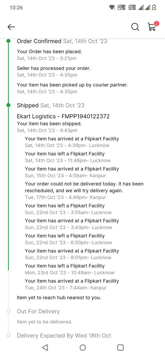 AnkitSh06352835's tweet photo. @Flipkart @flipkartsupport @aliaa08 @aajtak @ndtv @ANI @Republic_Bharat @TimesNow #FlipkartYeKyaChalRahaHai 
Is this order on time travel between Lucknow and Kanpur?
Why do you boast about #bigFRAUDbillionsdaysale when you are not ready and capable of delivery https://t.co/V3hKq1i0l1