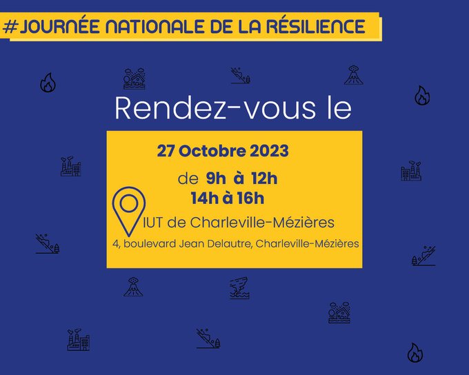 🗓️ Le vendredi 27 octobre 2023, l’IUT de <a href="/VilledeCMz/">Ville de Charleville-Mézières</a> &amp; les services de l’État organisent une manifestation pour la #JNR2023 ! Les étudiants et les serv. de l’État vous attendent nombreux autour d’ateliers de sensibilisation aux #risquesnaturels et techno !
#AyonsLesBonsReflexes