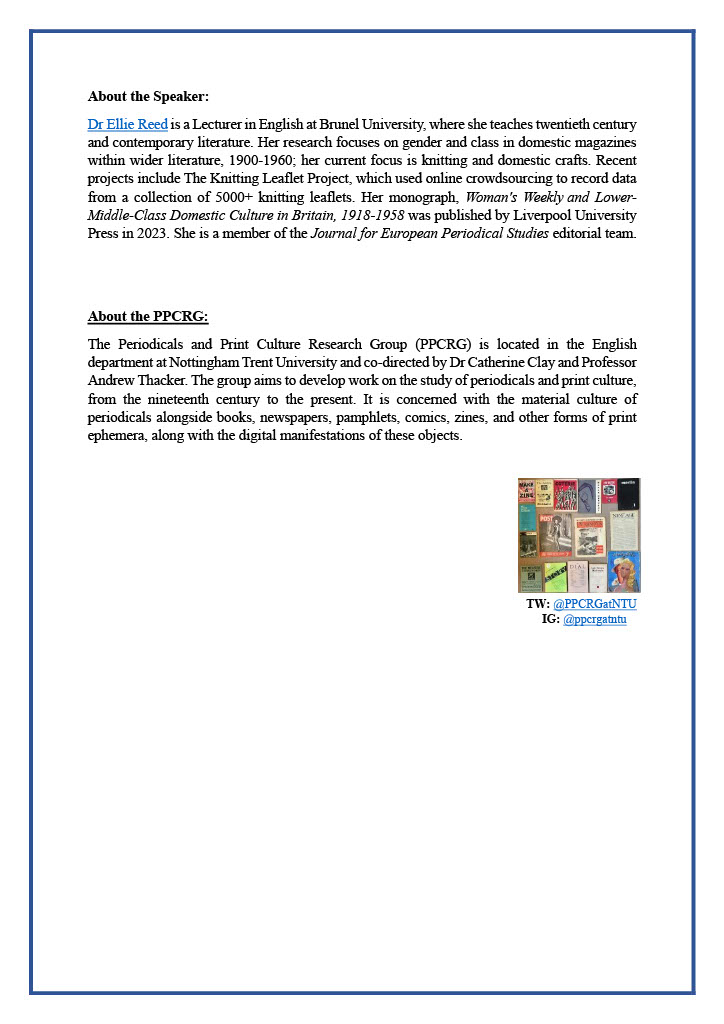 PPCRG at NTU (@ppcrgatntu) on Twitter photo 📯 'Making Homemakers by Dr Ellie Reed' 📯
(HYBRID BOOK LAUNCH)
Join us online or in person on Weds 8 November (4pm) to welcome Dr Ellie Reed (<a href="/ViolaChasm/">Dr Ellie Reed</a>) as she launches her new book, Woman’s Weekly and Lower-Middle-Class Domestic Culture in Britain.
liverpooluniversitypress.co.uk/doi/book/10.38… 📯 'Making Homemakers by Dr Ellie Reed' 📯
(HYBRID BOOK LAUNCH)
Join us online or in person on Weds 8 November (4pm) to welcome Dr Ellie Reed (<a href="/ViolaChasm/">Dr Ellie Reed</a>) as she launches her new book, Woman’s Weekly and Lower-Middle-Class Domestic Culture in Britain.
liverpooluniversitypress.co.uk/doi/book/10.38…