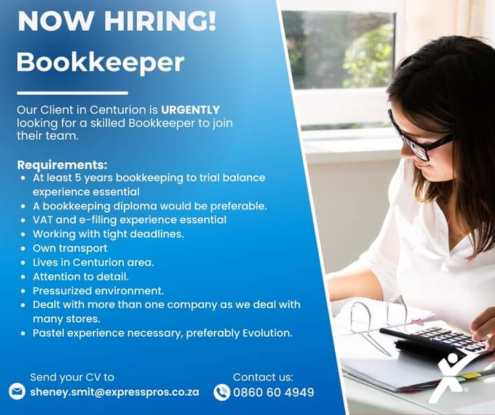 CarolBoitumelo1's tweet photo. 🚨Attention All Bookkeepers
Our client in Centurion is URGENTLY looking for a skilled Bookkeeper to join their team.
To Apply, send your CV to sheney.smit@expresspros.co.za
#bookkeeper #URGENT #positionavailable #JobSearch #NowHiring https://t.co/MQYtoX7K1A