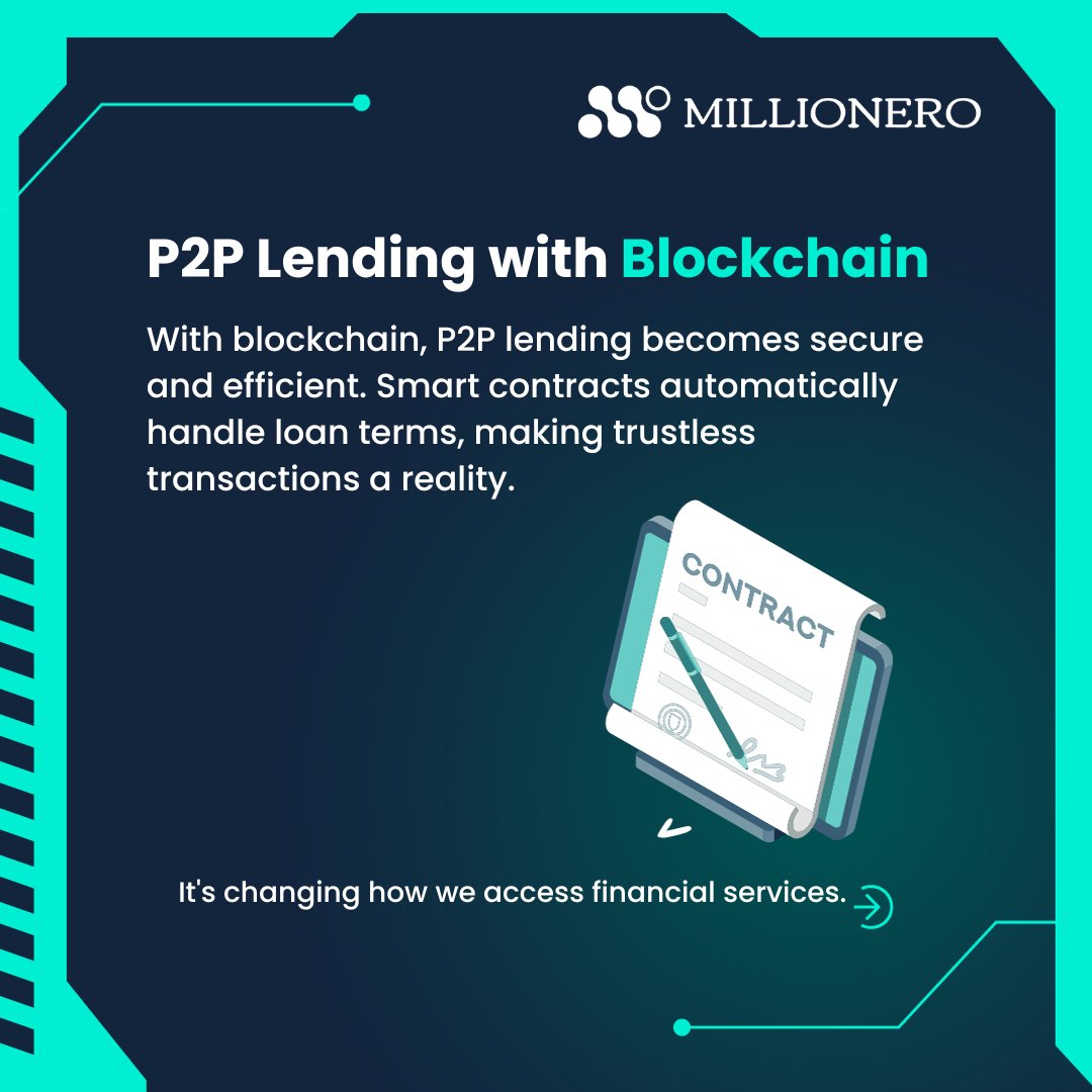 MillioneroEx's tweet photo. From bypassing banks to embracing blockchain, P2P lending is a financial revolution in the making.
Stay tuned for more on the future of finance! 🌟
#FutureFinance #P2PLoans #P2PLending #cryptop2p #SmartContracts https://t.co/aKFLCoVdk3