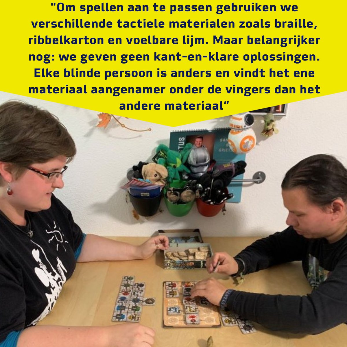 Paul, sinds zijn 9de volledig blind, en Krista, die goedziend is, hebben hun vriendschap en enthousiasme voor bordspellen omgezet in een missie om spellen toegankelijker te maken. In een interview op onze site delen zij hun verhaal: visio.org/nl-nl/home/act…
