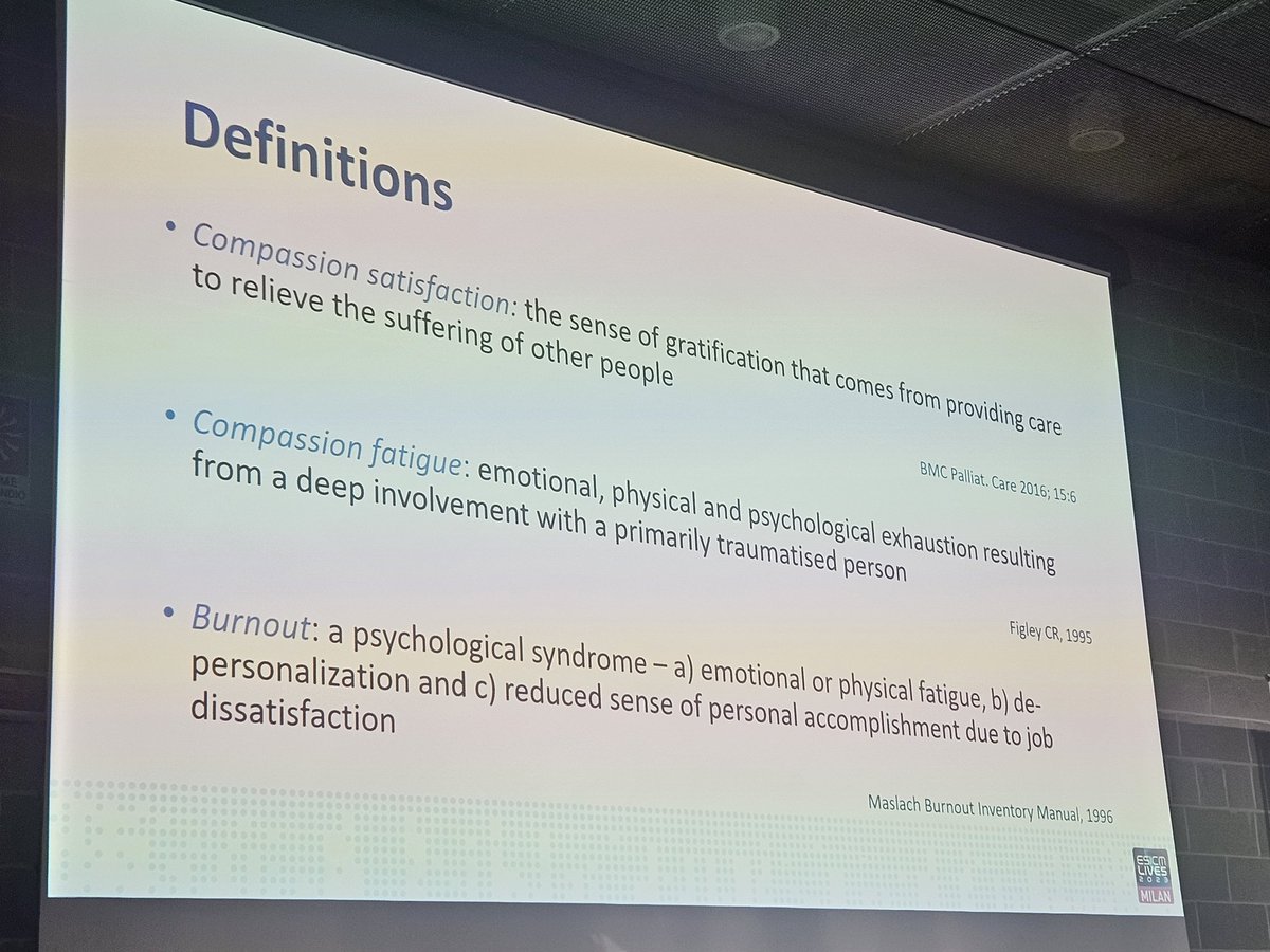Compassion fatigue: ICU is a hostile environment for pts, families & for us health care professionals 👉 approx. 30-40% affected 👉 nurses > other professionals 👉 interventions remain inconclusive 👉 see journals.plos.org/plosone/articl… from @mvanmol2704 #LIVES2023 Victoria Metaxa