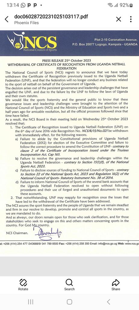 NCSUganda1's tweet photo. BREAKING: NCS has today, 25th October 2023, withdrawn the Certificate of Recognition from the Uganda Netball Federation (UNF). The UNF will no longer conduct any business to do with the sport, on behalf of the Government of Uganda. Below is the press release to that effect. https://t.co/dd1HEXbVD3