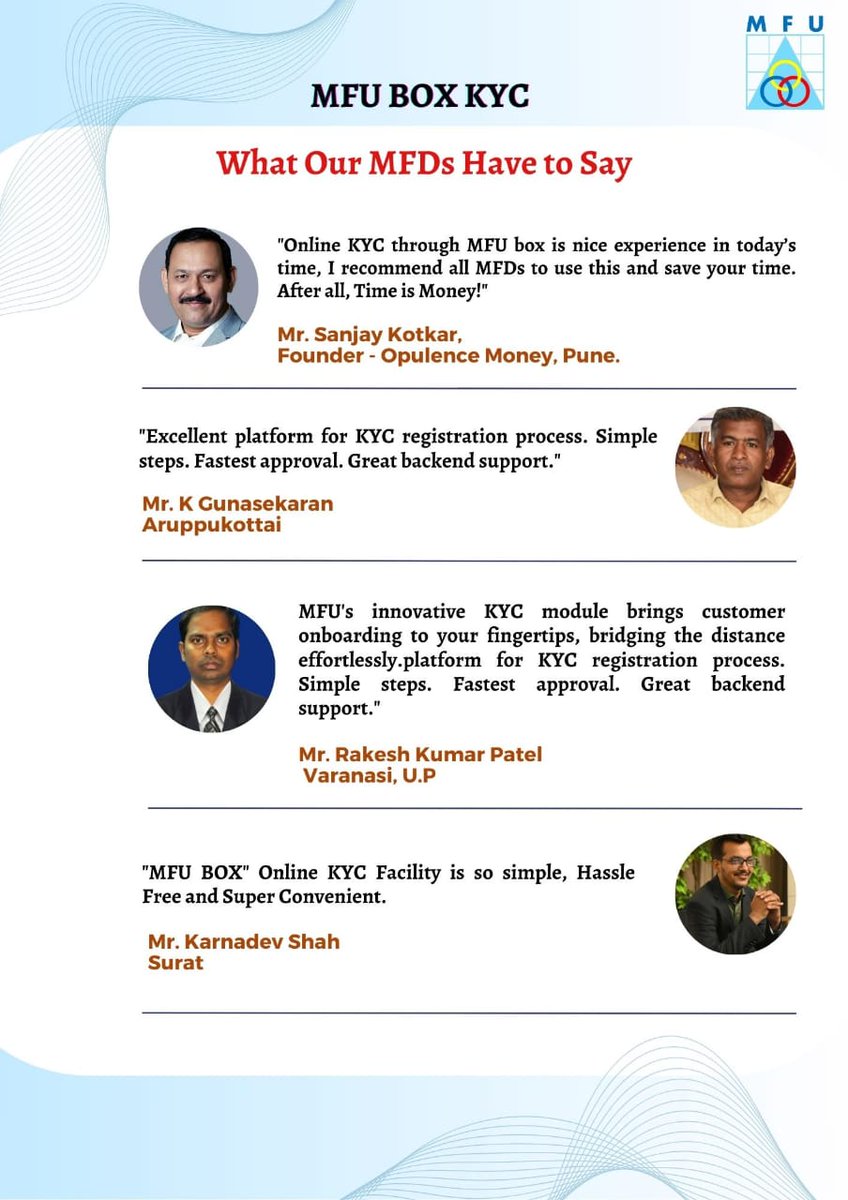 "What our MFDs have to say about MFU BOX KYC"
<a href="/GR_2608/">Ganesh Ram</a> <a href="/kannagoldsun/">Kannan Subbiah</a> <a href="/SN1608/">Sunil Nair</a> <a href="/Manish_Madan_/">Manish Madan</a> <a href="/sunjjoykotkar/">sanjay kotkar</a> <a href="/kgunasekaran123/">Gunasekaran K</a> <a href="/karnadev/">Karnadev Shah</a> #mutualfunds #invest #mutualfund