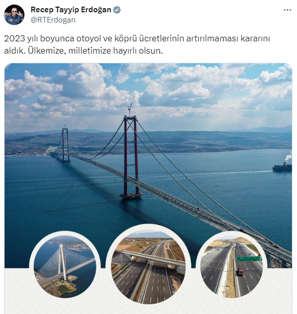 solcugazete's tweet photo. 9 Ocak 2023, Erdoğan: 

“2023 yılı boyunca otoyol ve köprü ücretlerinin artırılmaması kararını aldık.”

24 Ekim 2023:

"Boğaziçi ve Fatih Sultan Mehmet köprü geçişlerine %76.5 zam geldi." https://t.co/GJBTNWuc82