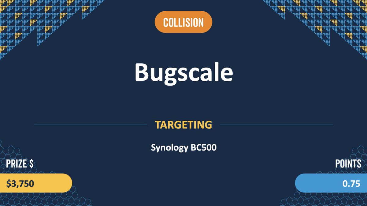thezdi's tweet photo. Collision – Bugscale was able to execute their stack-based buffer overflow attack against the Synology BC500. However, the exploit they used was previously known. They still earn $3,750 and 0.75 Master of Pwn points. #Pwn2Own https://t.co/Bn7OYog5iW