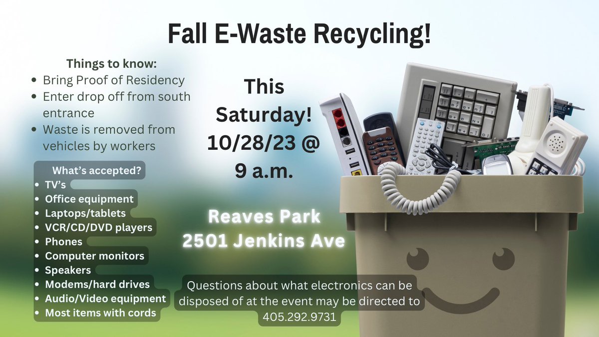 OU_GradSenate's tweet image. Have electronics you no longer use? Recycle them this Saturday at 9 AM at Reaves park! Be sure to bring your proof of residency and stay in your vehicle. Questions can be directed to 405.292.9731