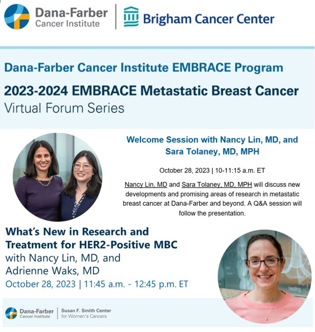 📷 There's still time to register for our #EMBRACE Forum Series’ Kick-Off Events on Saturday, October 28! Join us for a day of learning with @DanaFarber's Breast Oncology experts. Register 👉dana-farber.org/metastatic-bre…