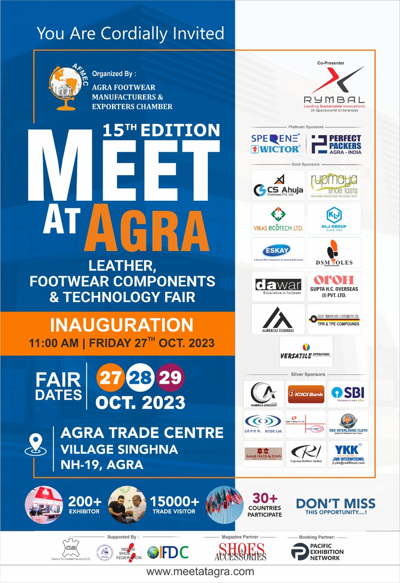 MeetatAgra's tweet photo. MEET AT AGRA CALLING 2023.
"Meet at Agra 2023".India's Biggest Leather,Footwear Components & Technology Fair at Agra.
Save Dates : 27th to 29th Oct 2023
#MeetatAgra2023 #AFMEC #WeSupportMeetAtAgra2023
#AgraFootwearIndustries #LeatherFair #ComponentsFair #Technologyfair #Agra https://t.co/yI2w8ggbpf