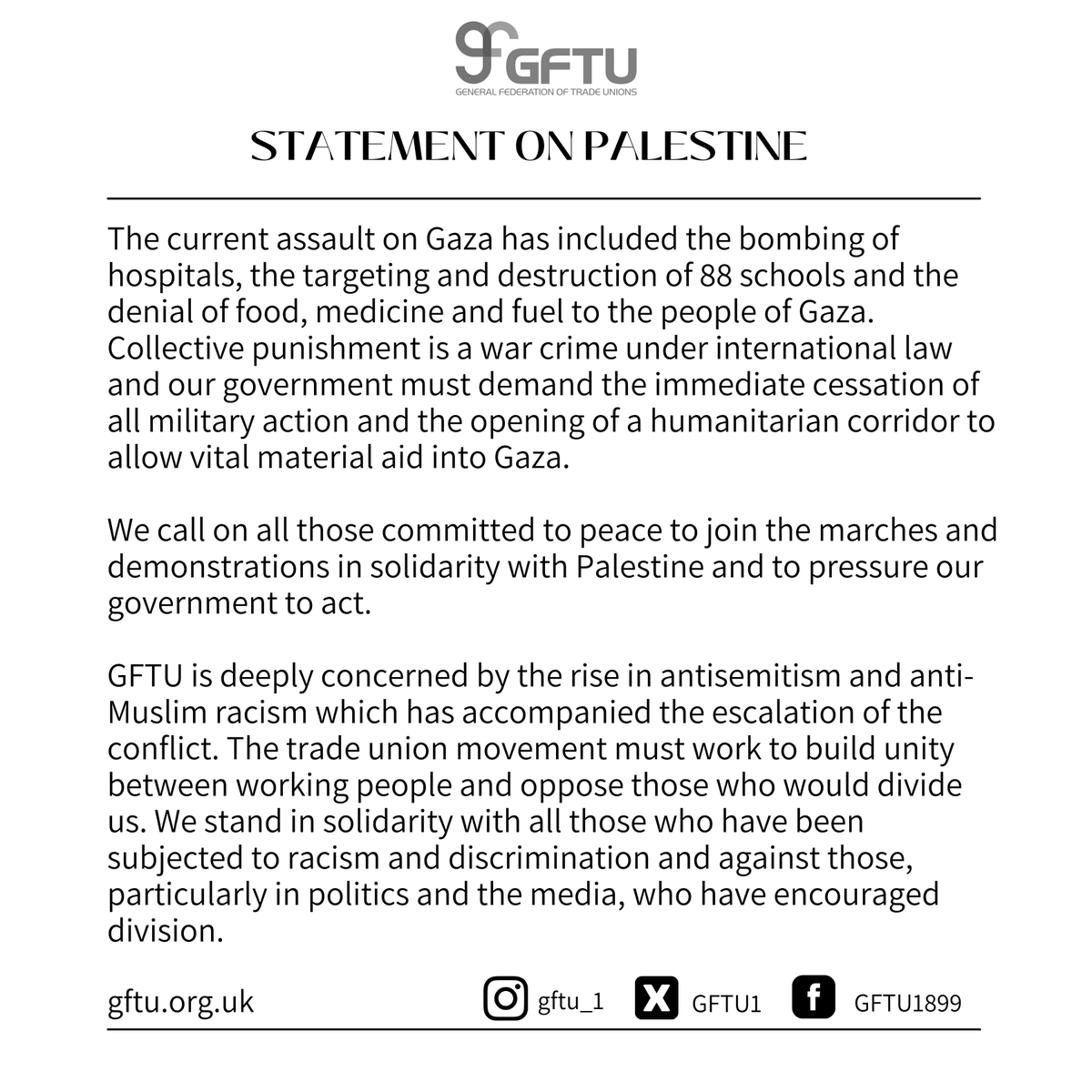 GFTU1's tweet image. 🚨Statement on Palestine

We urgently call for a ceasefire and to build the biggest demonstrations for peace this Saturday.

There is no military solution, only a political one - the end of the occupation.

Read our full statement ⤵️
gftu.org.uk/gftu-statement…

#GFTU #CeasefireNOW
