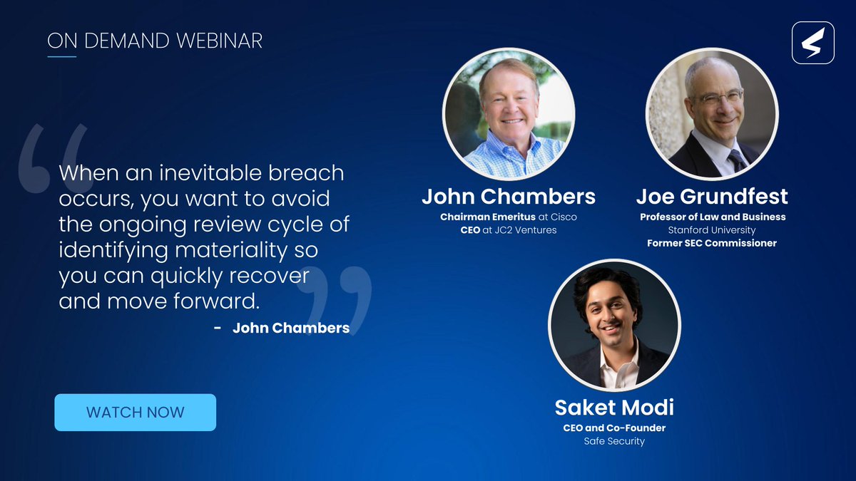 🎥 <a href="/JohnTChambers/">John T. Chambers</a> says, "An architectural approach to #cybersecurity is needed." But how do you build it? Find out in our webinar "From Data to Disclosure: Decoding #CyberRisk Reporting for the SEC and Board" pages.safe.security/data-to-disclo…

#CyberRiskQuantification #infosec
