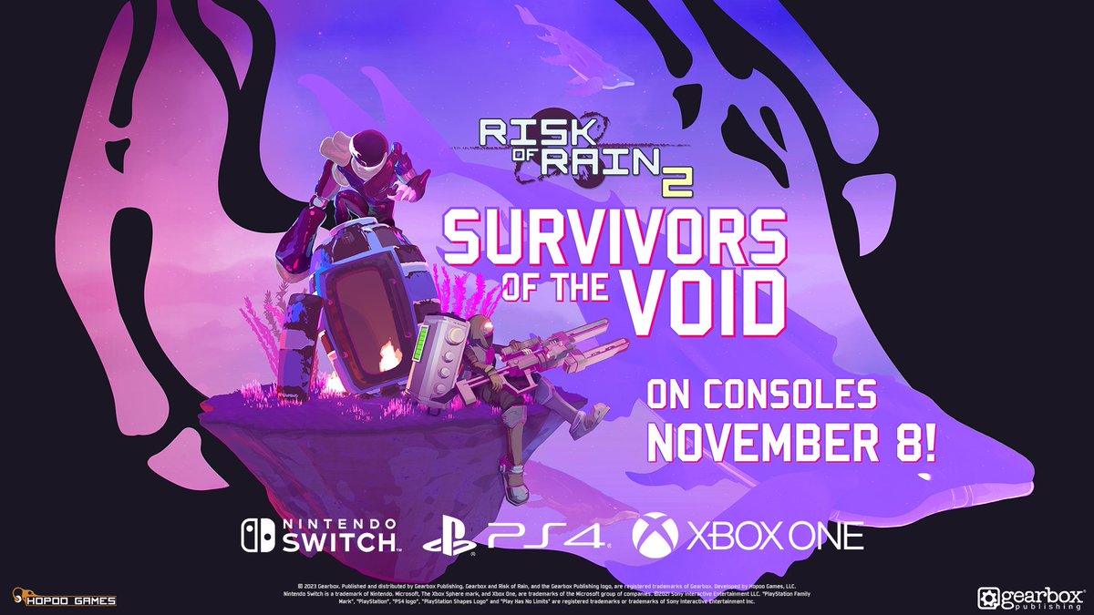 The wait is over.   

Enter the Void on consoles when Risk of Rain 2: Survivors of the Void hits Xbox, PlayStation, and Nintendo Switch on Nov. 8!

Featuring two new Survivors, 40+ new items, three new stages, 10+ new enemies, a new game mode, and much more!