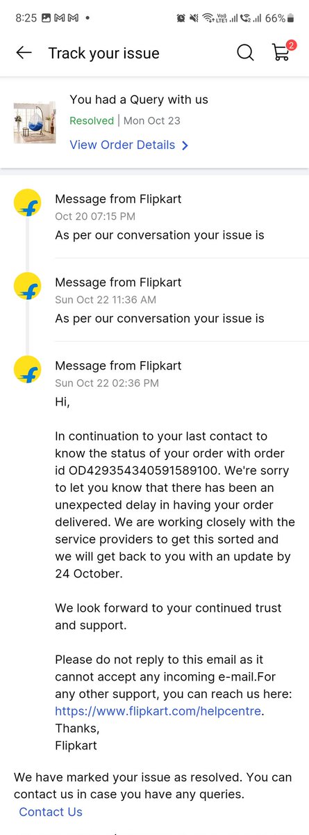 CHIRAGKALE's tweet photo. Really pathetic service by @Flipkart my order was suppose to get delivered on 18th Oct i didnt till date have made couple of call to customer care and they said it will get resolved and now it shows resolved. Entire product payment is upfornte @flipkartsupport @FlipkartStories https://t.co/RQXC5scQdC