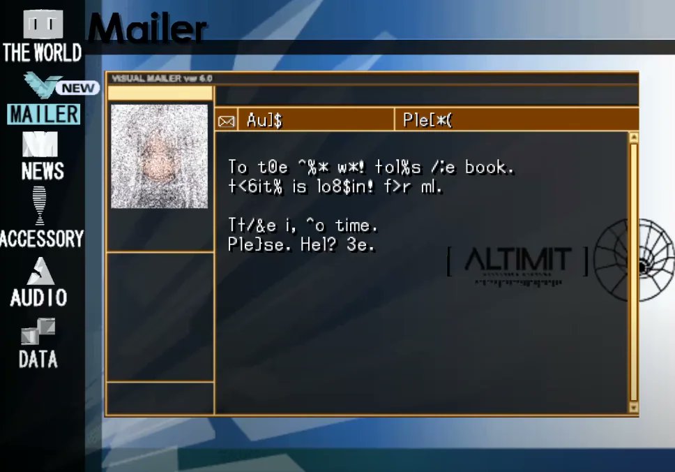 RekkaAlexiel's tweet photo. If you try to directly view the /img/ directory, you get a custom 404 page that says:

To t8e ^%* w*! +ol%s /:e book. +<6it% is lo8$in! f>r mi.

I wouldn't have remembered, but apparently it was from Aura... 
https://t.co/R1u0sUVYFo
#dothack #ドットハック #dothackdotcom https://t.co/2UH1a3ZkbF