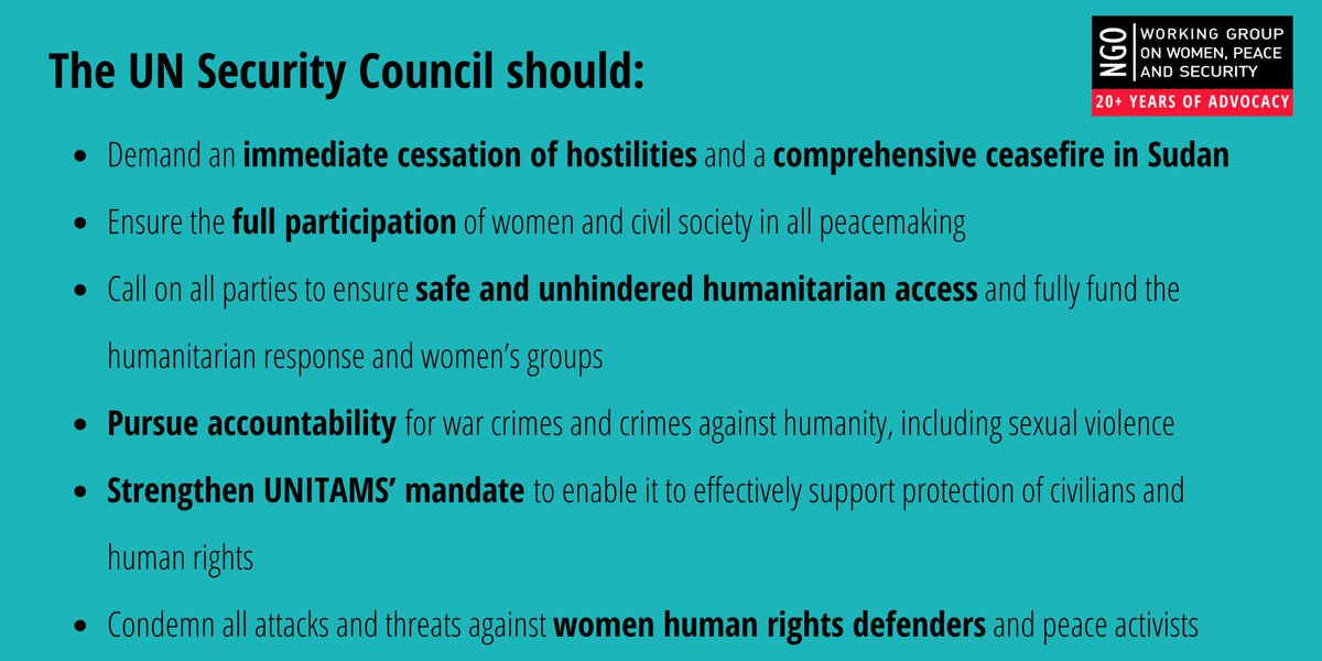 At the annual open debate on #WPS, <a href="/Halayalkarib/">Hala Y Alkarib</a> calls for the #UNSC to bring women’s rights to the forefront of action on #Sudan.