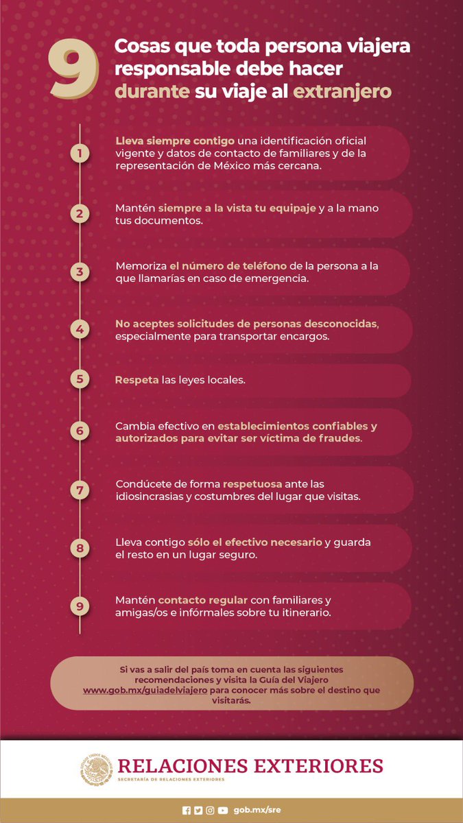 📌¿Eres mexicana o mexicano y te encuentras realizando actualmente un viaje en el extranjero? #ProtecciónConsularMX te recuerda nueve elementos que debes tener en cuenta durante tu estancia en otro país. Más información: gob.mx/sre/acciones-y… 🇲🇽🤝🌎 #ViajesResponsables…