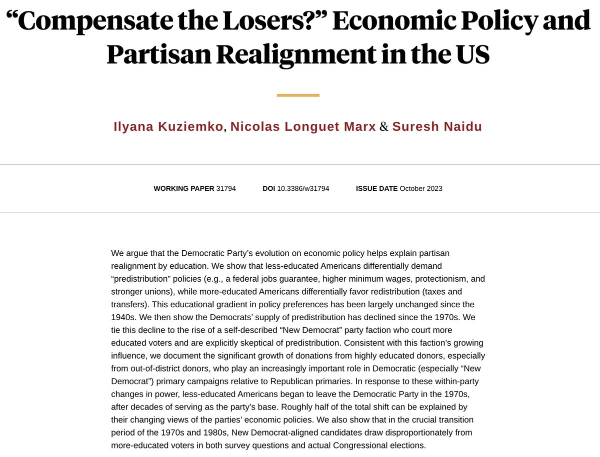 I am very excited to share our new NBER WP with @ikuziemko and @snaidunl: “Compensate the Losers”: Economic Policy and Partisan Realignment in the U.S. A short summary of the paper below. nber.org/papers/w31794