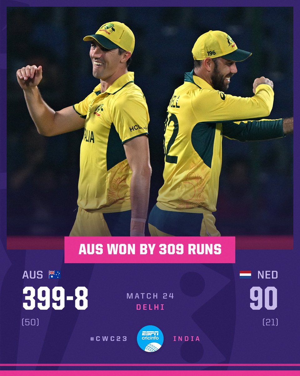 Historic. THE BIGGEST MARGIN OF VICTORY IN WORLD CUP HISTORY! Australia dominate the Dutch in Delhi! 🔥 #CricketWorldCup2023 #AUSvNED | #CWC23 #Cricket Australia registered the biggest win ever in 48 year old World Cup history.💪