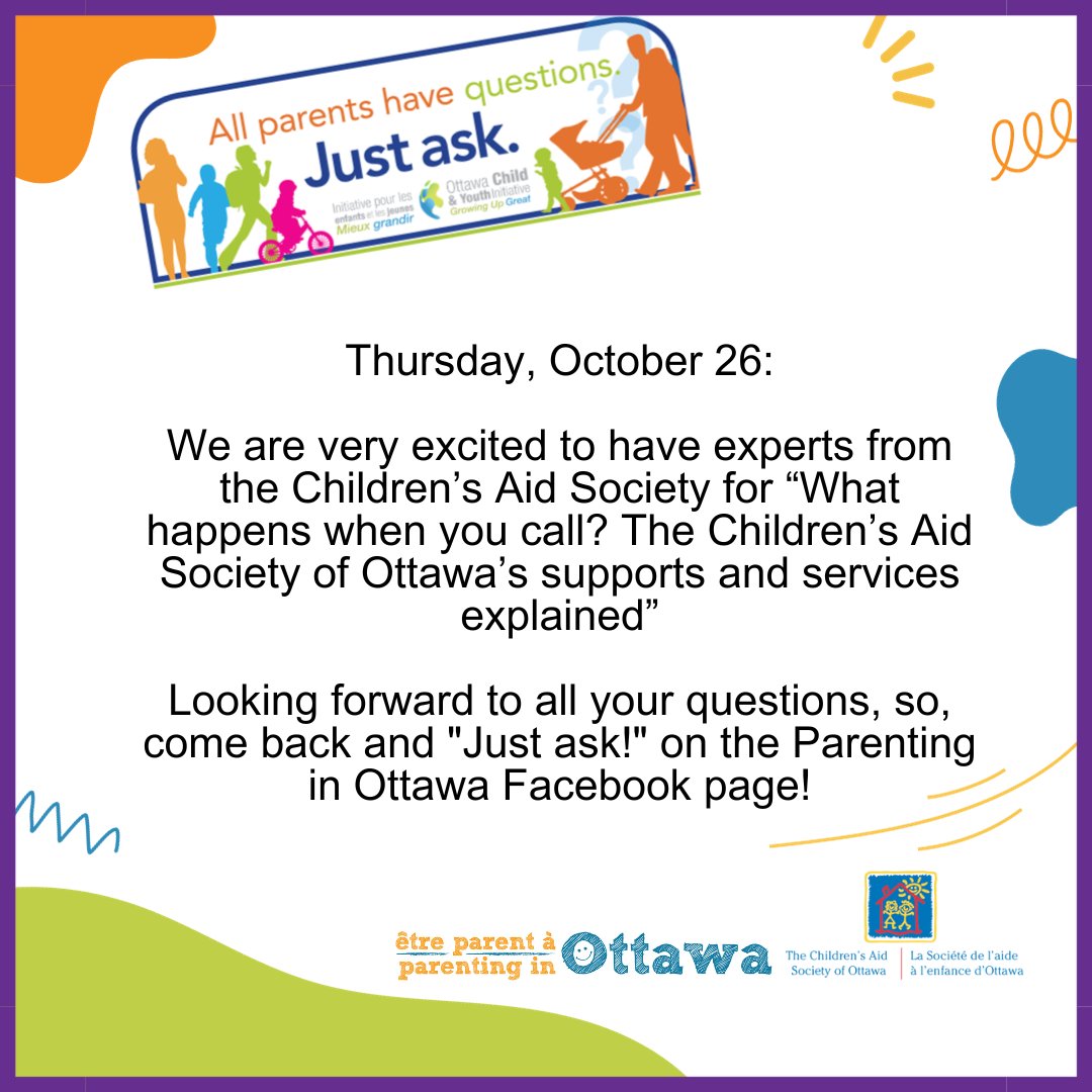 Join OCYI tomorrow, on the Parenting in Ottawa Facebook page for a new #JustAsk event! Our expert guest from the Children’s Aid Society of Ottawa will answer your questions about supports and services. #Ottawa