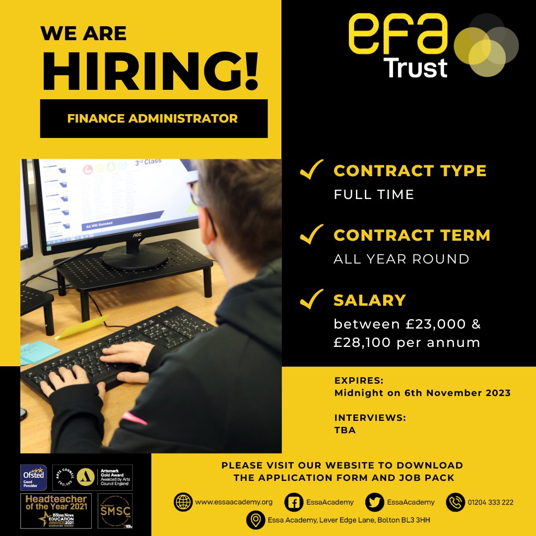 EFATrust's tweet image. We are recruiting for a Finance Administrator to join our Central Team! For more information and to apply visit our website ow.ly/6u2e50Q0FeI