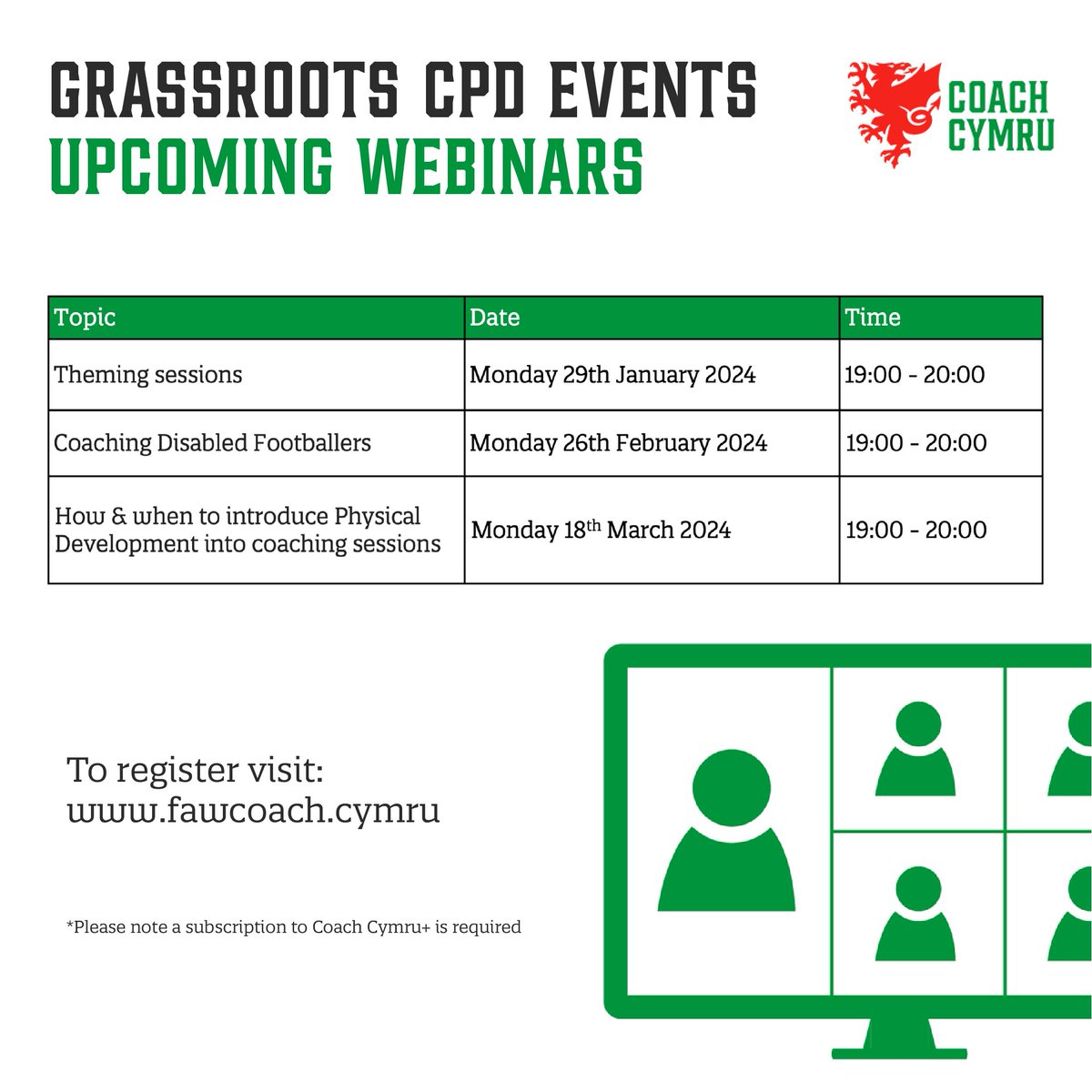 🗓️3 new webinars
1⃣ gain grassroots CPD credits for attending
✏️Register @ fawcoach.cymru &amp; click on the learning icon