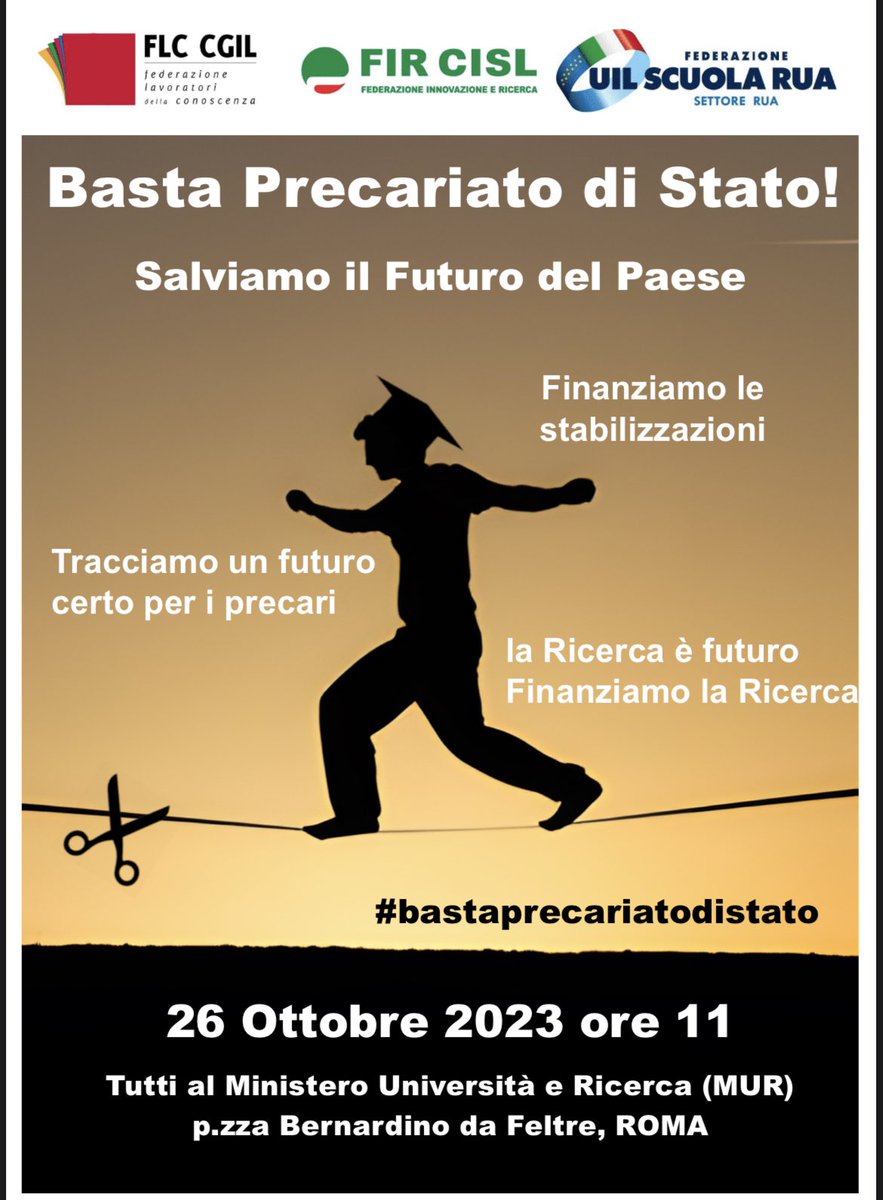 I #lavoratori #precari della #ricercapubblica scenderanno ancora in piazza domani #26ottobre per chiedere al #MUR #finanziamenti adeguati per la #ricerca e per non perdere le proprie #competenze acquisite negli anni. #bastaprecariatodistato #duespicciperlaricerca