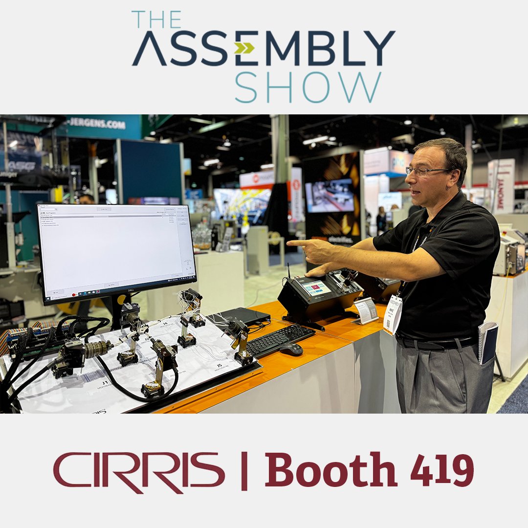 It's Day 2 of THE ASSEMBLY SHOW with @SchleunigerInc at Booth 419
See demos on guided assembly with the 8100 and other automated processes.

#GuidedAssembly #Cirris #Rosemont #assembly #Testing #WireProcessing