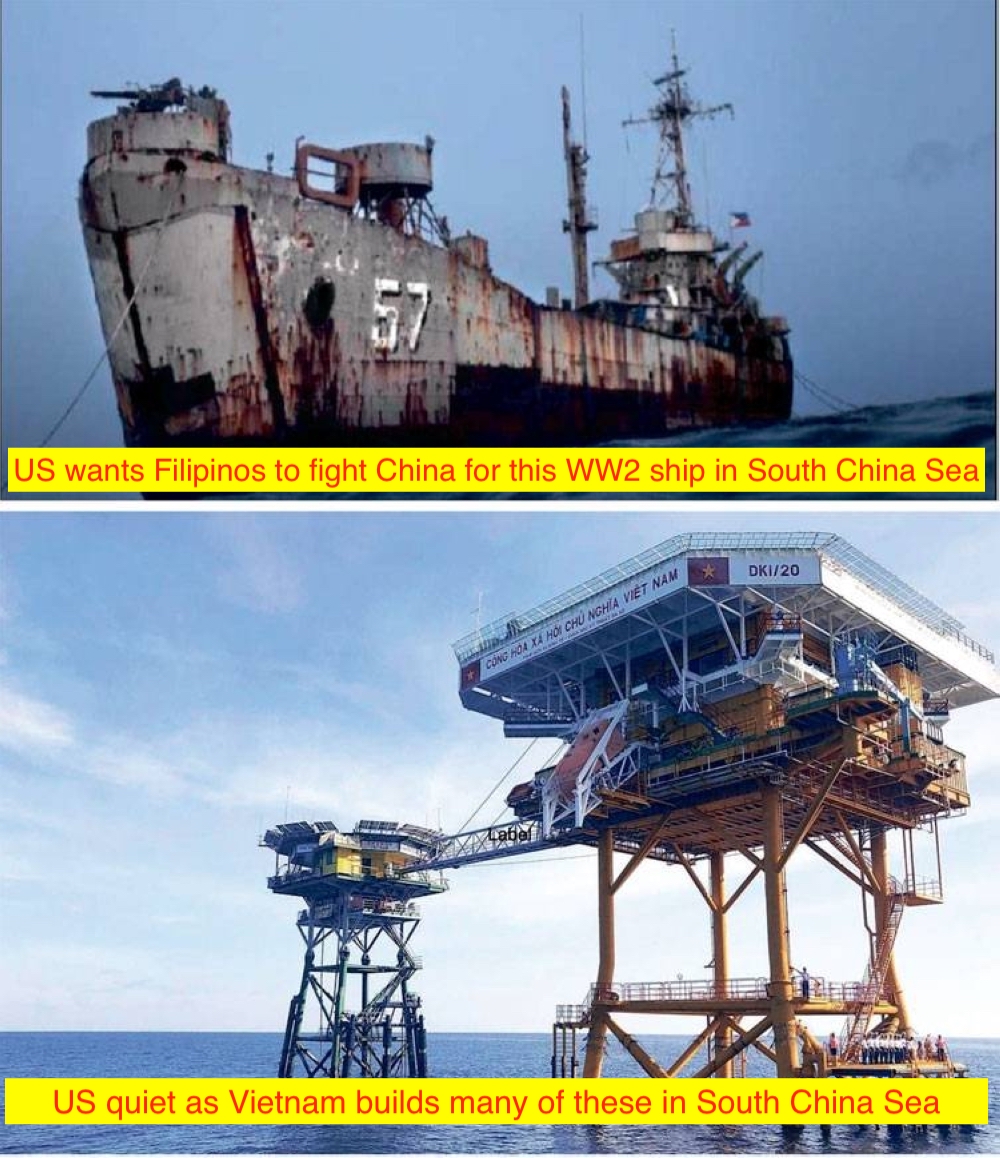 idsicenter's tweet image. is the US egging the Philippines to fight China for a WW2 rusting ship in Ayungin Shoal in the West Philippine Sea, but quiet as Vietnam is building modern oil rigs in disputed areas in the South China Sea?