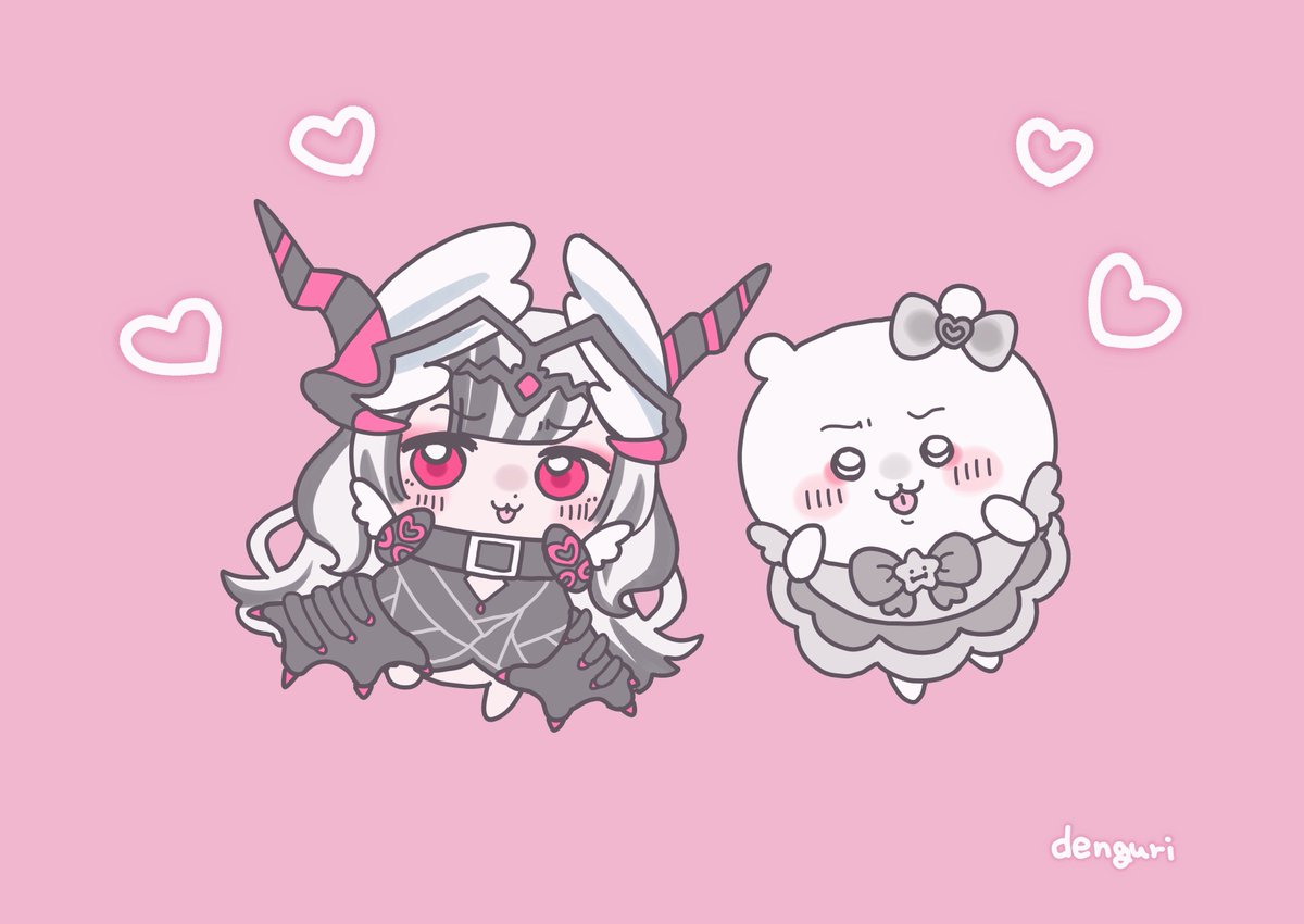 pink background heart horns chibi bow 1girl :3  illustration images