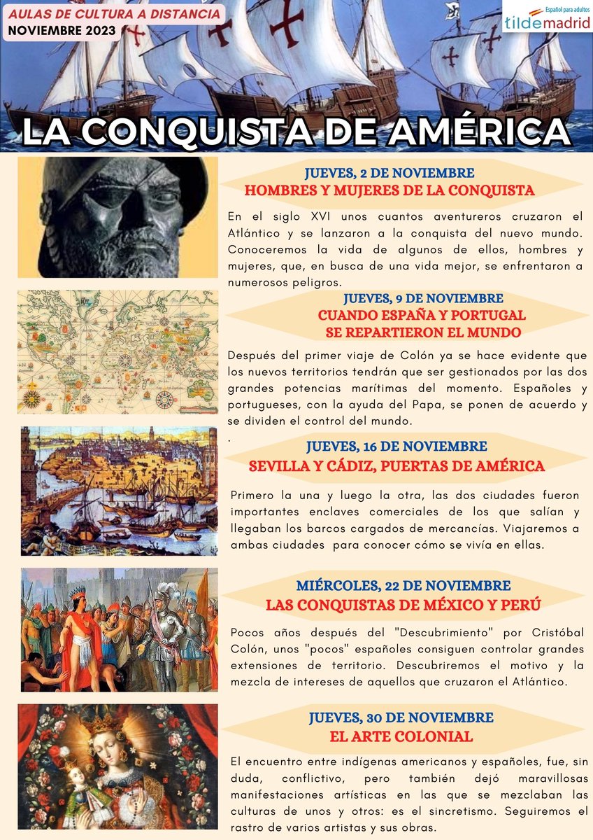 PROGRAMA CULTURAL A DISTANCIA - NOVIEMBRE 2023 para aprender español.
Inscripciones en info@tildemadrid.com